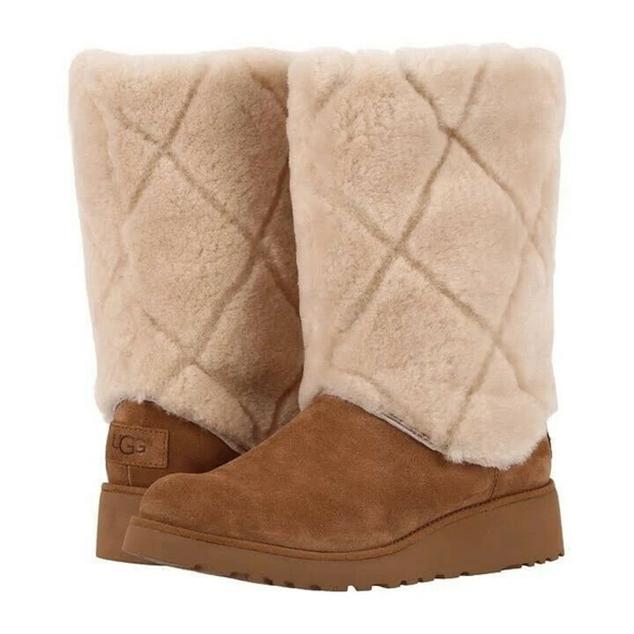 UGG Ariella Luxe Diamond Chestnut Suede Fur Cuff Boots 6 - Picture 1 of 11